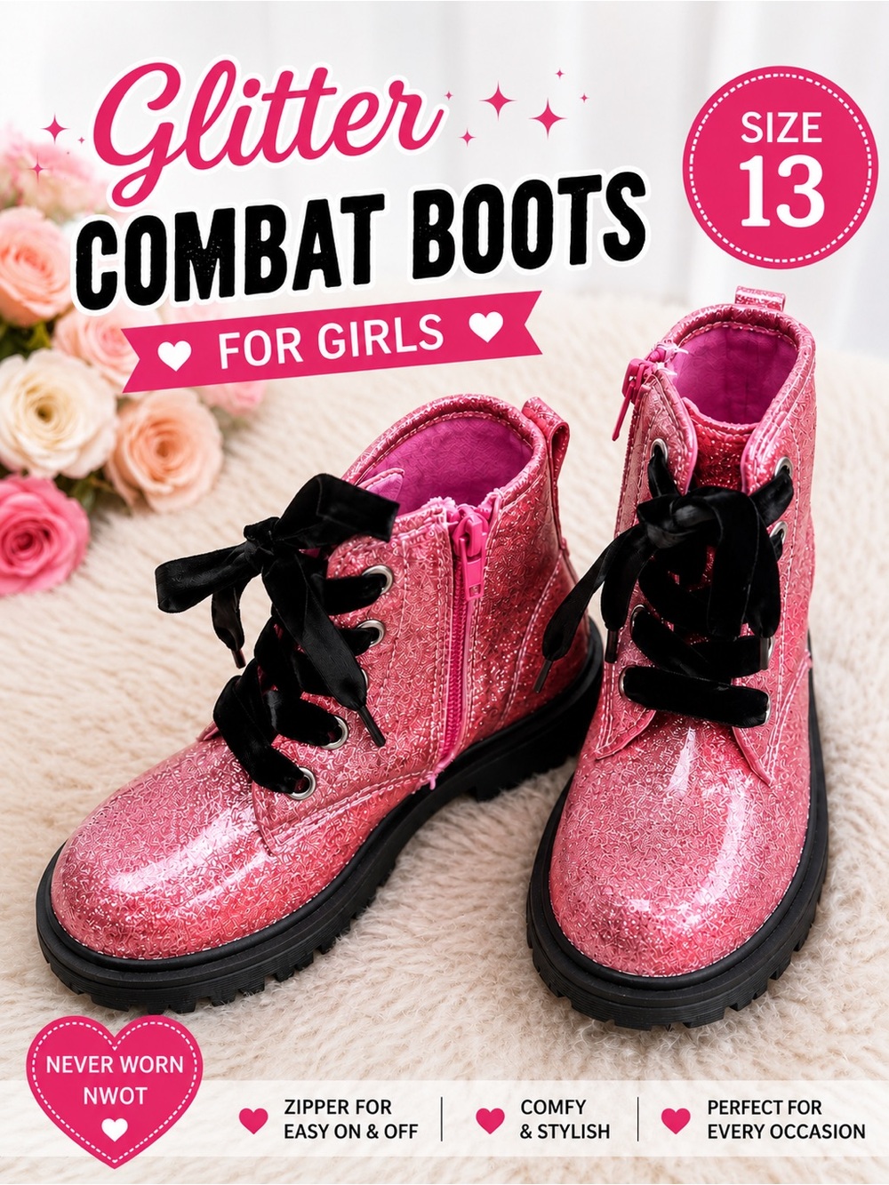 Girls Pink Glitter Combat Boots Size 13 NWOT Side Zip